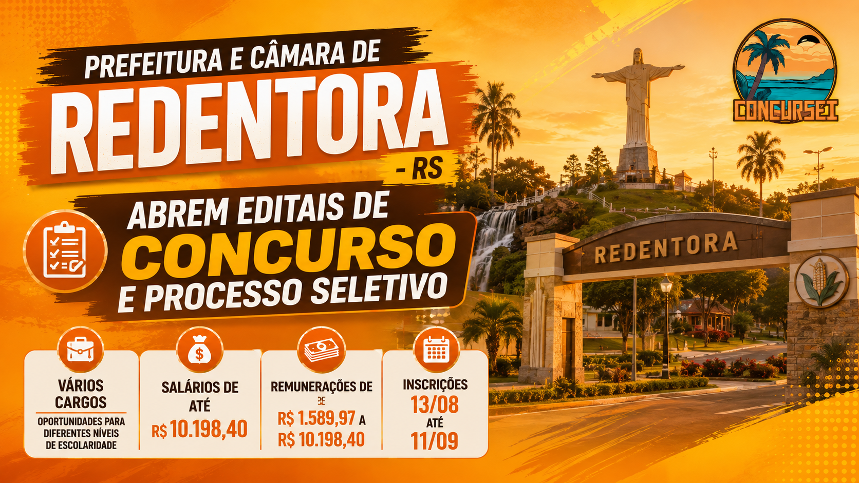 Prefeitura e Câmara de Redentora - RS abrem editais de concurso e processo seletivo